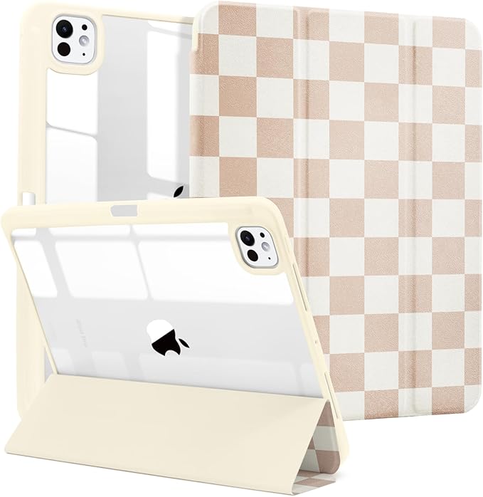MrARTIST for for iPad Pro 11 Inch Case (M5/M4) 2025/2024 6th/5th Generation Case Cute for Women Girls Girly Kawaii Aesthetic Design for Apple Tablet Cover with Pencil Holder, Khaki Checkered