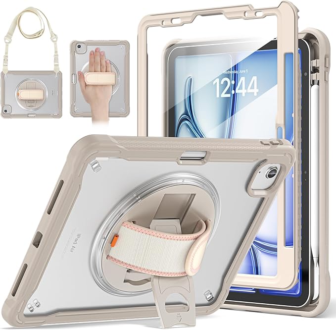 BRAECNstock Case for iPad Air 11-inch M4 2026/ M3 2025/ M2 2024 and Air 5th/4th Gen 10.9‘’ & Pro 11-inch 1st-4th 2018-2022 Kids Cover with Pencil Holder,Screen Protector,Handle Stand-Khaki