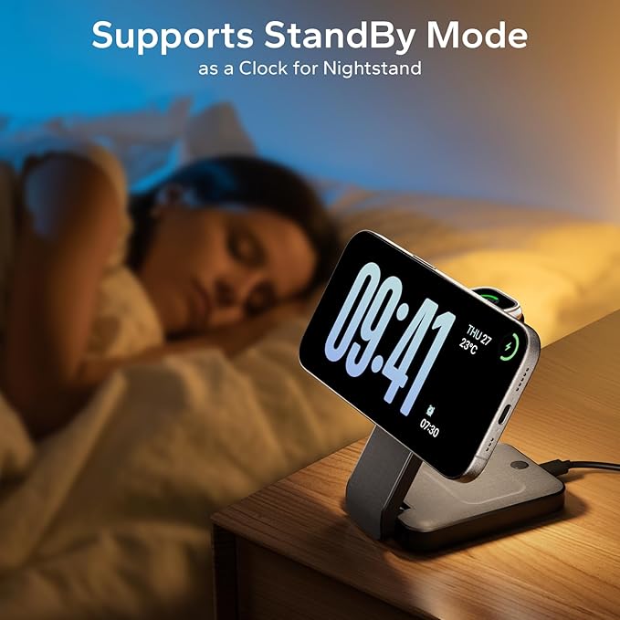 Eazpower 3 in 1 Foldable Wireless Charging Station for MagSafe, Nightstand Magnetic Charger Stand for iPhone 17 16 15 14 Pro Max, Travel Charging Dock with Night Light for Apple Watch/AirPods (Black)