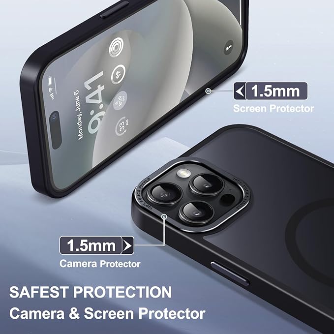 Newfuture Magnetic for iPhone 15 Pro Case [Compatible with Magsafe] [Military Grade Drop Protection] Translucent Matte Anti-Fingerprint Shockproof Phone Case for iPhone 15 Pro 6.1 inch, Black