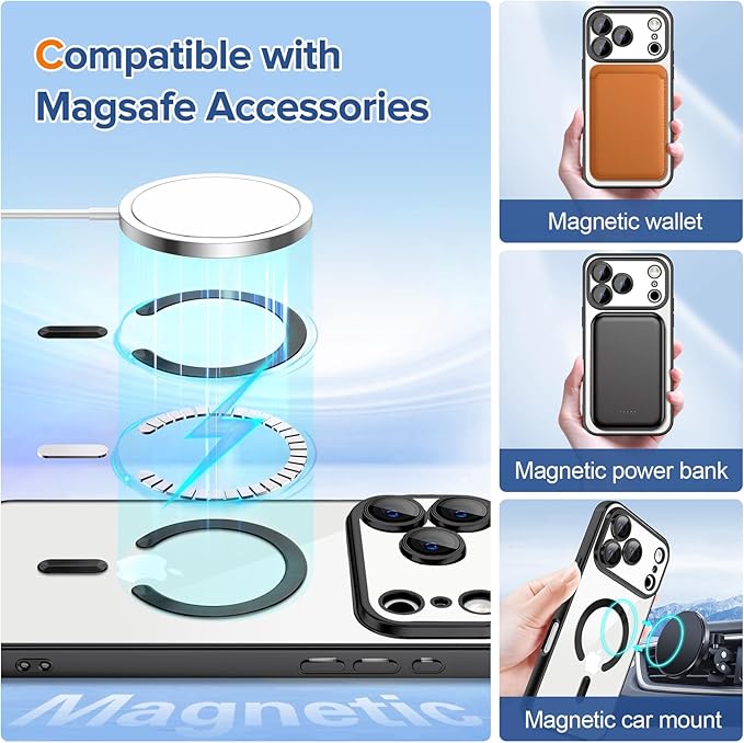 Hython Magnetic Clear for iPhone 17 Pro Case with Camera Lens Protector [Compatible with MagSafe] Luxury Plating Edge Slim Soft TPU Cover Protective Phone Case for iPhone 17 Pro 6.3", Matte Black
