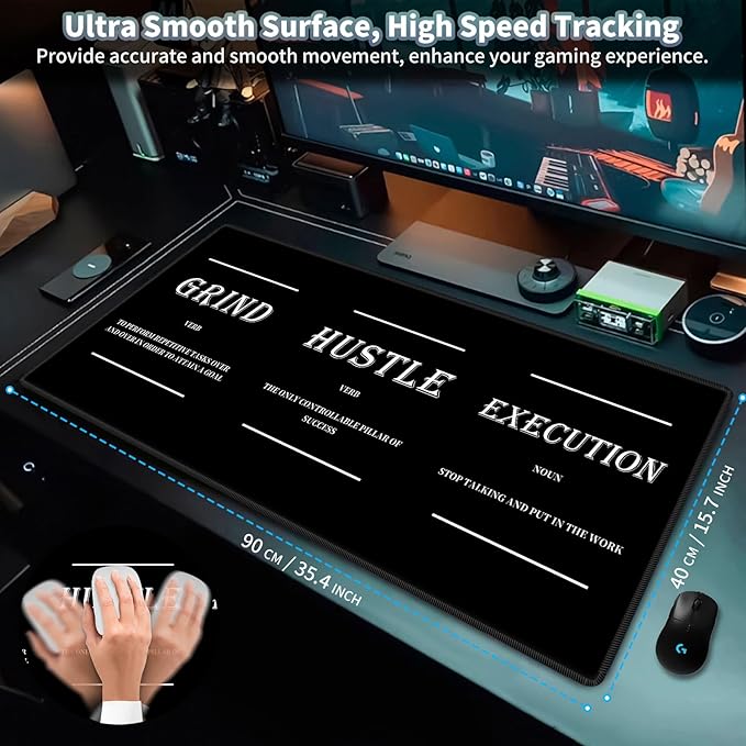Gaming Mouse Pad, Inspirational Black Big Desk Pad for Keyboard and Mouse, 35.5" X 15.75" in Computer Keyboard Mouse Mat 3mm Thick XXL Rubber Mousepad for Laptop Gamer, Motivational Quotes