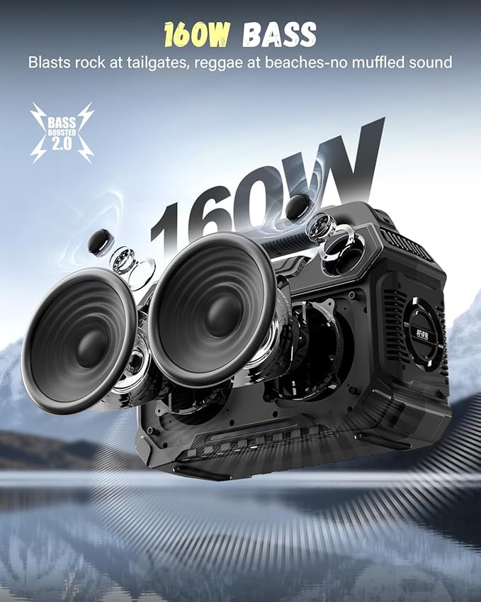 Outdoor Bluetooth Speaker, 160W Loud Bass! Rugged, IP67 Waterproof, 24H Playtime with Lights, Wireless TWS Pairing Portable Speakers for Party, Outsides, Travel, Beach, Garage (Black)