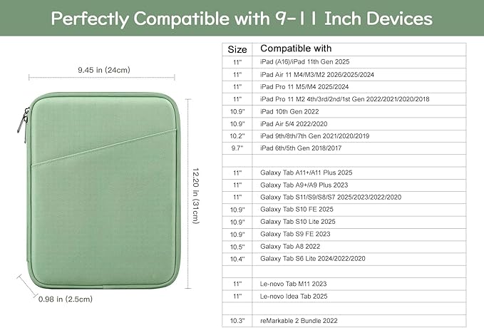 Dadanism 9-11" Tablet Sleeve Bag Carrying Case for iPad (A16) 11th Gen 11", iPad 10th Gen 10.9" Air 5/4, iPad Air M4/Pro 11", iPad 9/8/7th, Galaxy Tab A11+ Plus 11", Remarkable 2 10.3", Dark Green