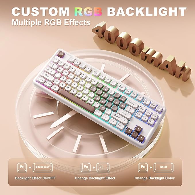 YUNZII B87 Wireless Mechanical Keyboard,QMK/VIA Programmable,TKL Layout 87 Keys,BT/2.4G/USB-C,Hot Swap Gasket Mount RGB Backlit Gaming with Wrist Rest for Win/Mac (Brown Heart, Cocoa Cream V2)