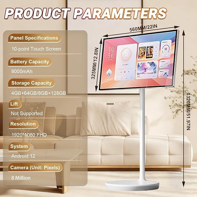 21.5/24/27/32 in Smart Touchscreen Monitor 1080p Portable Android 12/13 TV Swivel Rolling Stand Mobile On Wheels Display(32IN,8+128GB(1080P))