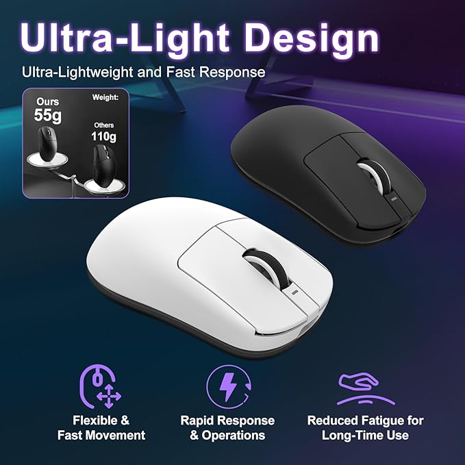 R1 SE+ Gaming Mouse, 18000 DPI, High-Precision PAW3395 SE Sensor,55g Lightweight, Tri-Mode 2.4G/BT5.0/USB-C Wireless Mouse, Programmable Ergonomic Mouse Suitable for Laptops/PC/Mac (Black)