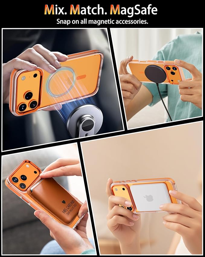 Full Body Protection Kit for iPhone 17 Pro Case, MagSafe Compatible Clear Cover, Orange Non-Slip Grip Bumper, N52 Magnetic Backing, Includes Tempered Glass Screen Protector and Lens Film