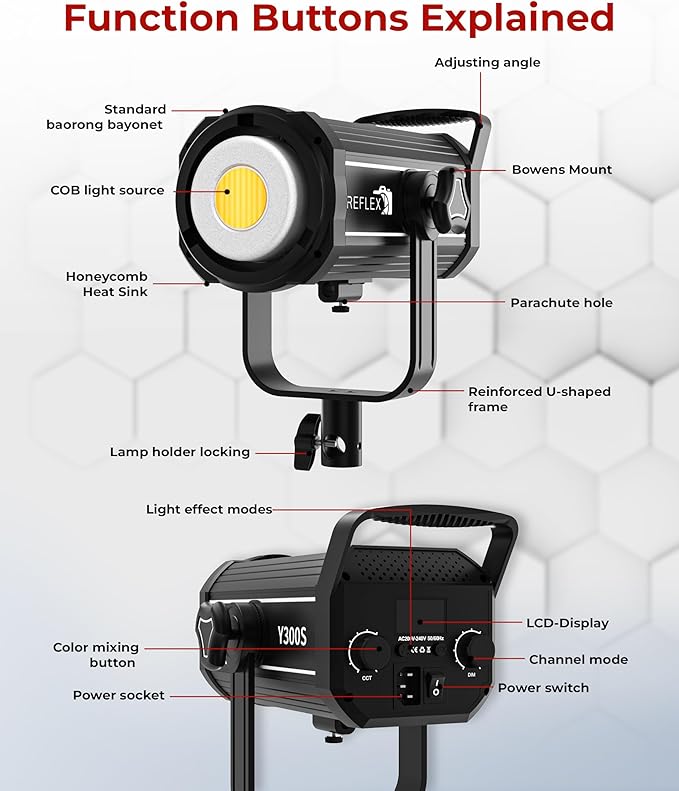 Reflex Camera Professional 300W Dimmable Bi-Color Bowens LED COB Studio Light 3200K-5600K Adjustable, Portable, Warm to Daylight Adjustment, U Bracket with 360 Degree Movement Continuous Light