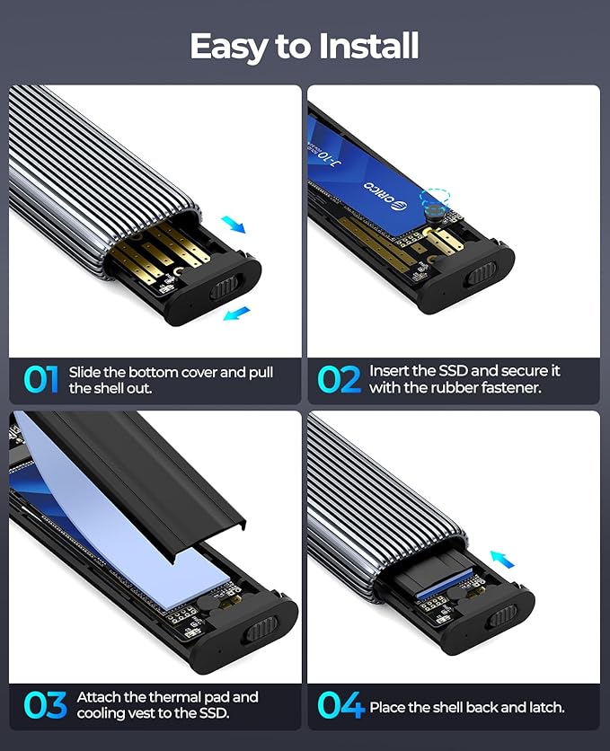 ORICO M.2 NVMe SSD Enclosure Aluminum Tool-Free Adapter, 10Gbps USB3.2 USB-C M2 Reader for M.2 PCIe NVMe M-Key 2230/2242/2260/2280 SSD, Thunderbolt 3 Compatible, External Case Support UASP Trim-AM2G2
