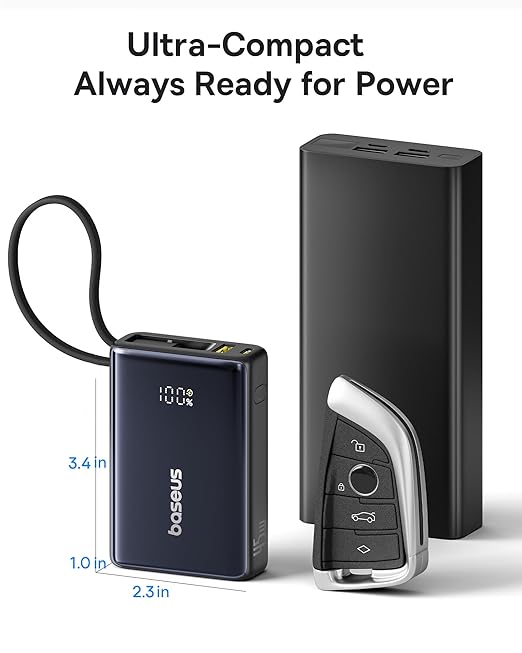Baseus Power Bank, Picogo 10000mAh 45W 3-Output Portable Charger with Built-in USB-C Cable, PPS/PD QC Fast Charging External Battery Pack for iPhone 17/16/15/14/13, Samsung S25/S24, MacBook Pro, iPad