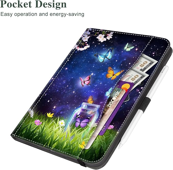 Vimorco Case for iPad (A16) 11th Generation 2025, for iPad 11th/10th Generation Case, Faux Leather Protective Adjustable Cover, Auto Sleep/Wake, Card Pocket with Pencil Holder, Star Butterfly
