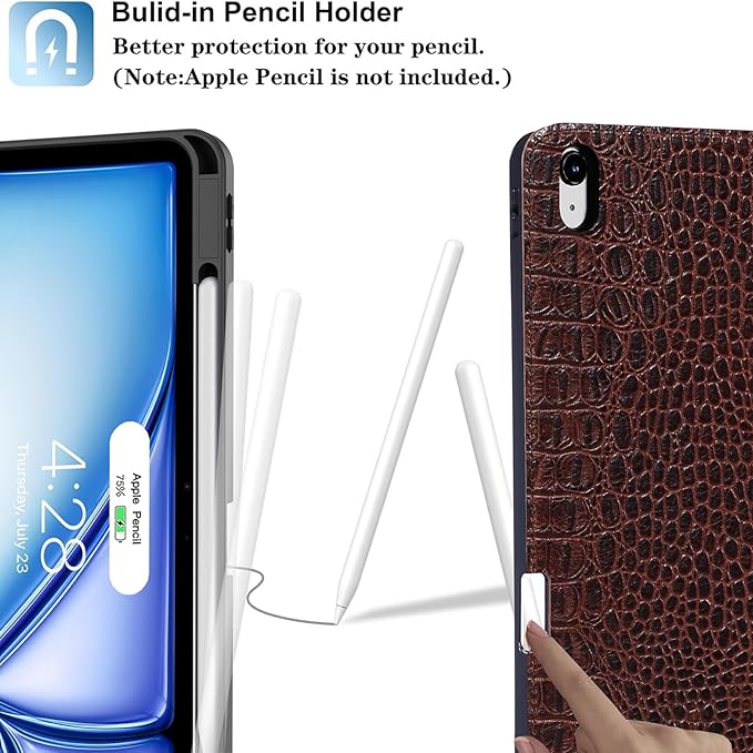 Gexmil Leather Case for iPad Pro 12.9 Inch Case 6th/5th/4th/3rd Generation 2022/2021/2020/2018 with Pencil Holder,Genuine Leather Folio Cover Shockproof Auto Sleep/Wake,Brown Crocodile