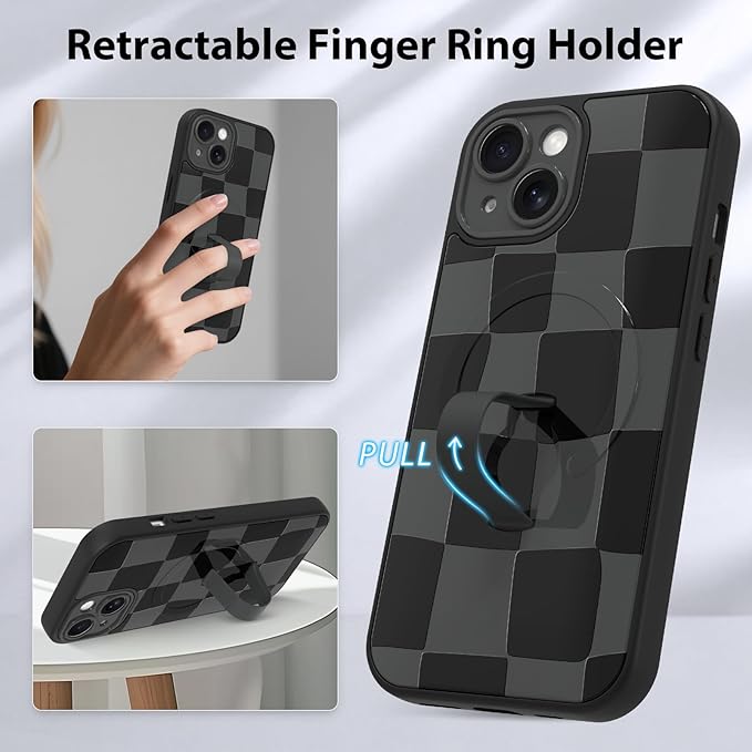 KANGHAR Compatible with iPhone 15 Case, Support for MagSafe, Silicone Checkered Cute Pattern, Wristband Kickstand Camera Protection Soft Slim Cover for Girls Women -Black