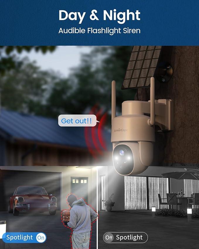 Armorcope Solar Security Cameras Wireless Outdoor,360° View Battery Powered with Spotlight Color Night Vision,2K WiFi Home Security,PIR Sensor,Wireless Easy Install, 2.4 GHz Wi-Fi
