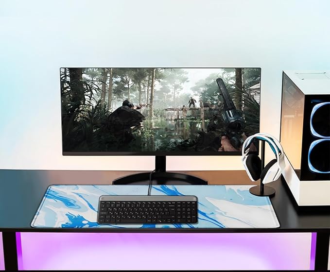 Extra Large Gaming Mouse Pad 31.5 x 11.8 in, Waterproof Mousepad with Stitched Edges, Premium Microfiber Cloth Surface, Non-Slip Base Keyboard Desk Mat for Home Office Gaming, Marble Blue White