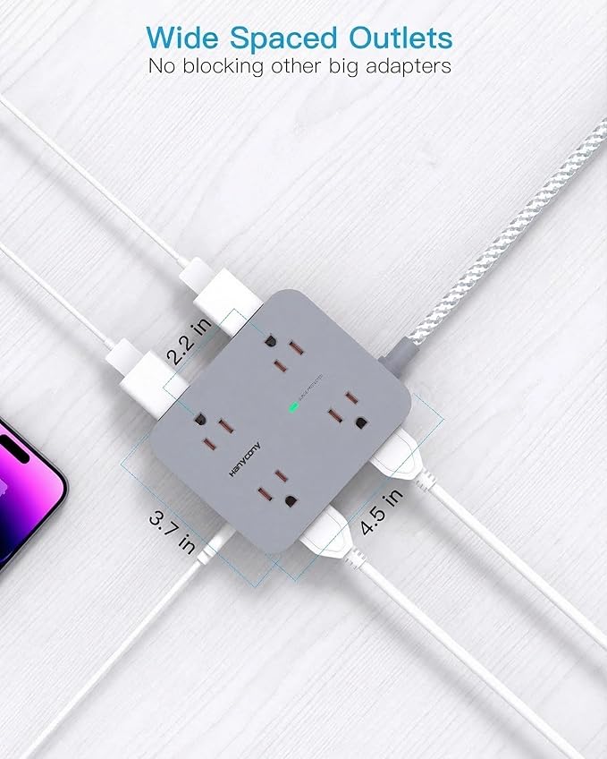 HANYCONY 10 Ft Surge Protector Power Strip, Extension Cord with 8 AC Outlets 4 USB (2 USB C) Ports, Flat Plug, Wall Mount Desk USB Charging Station for Home