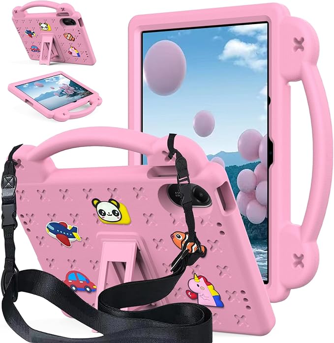 AKABEILA Compatible with Xiaomi Redmi Pad 2 2025 11 inch Tablet Case, Kids Friendly Universal Lightweight Shockproof Protective Case with Shoulder Strap & Stand Handle Pink