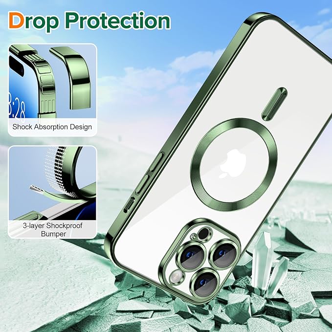 Hython Magnetic Clear for iPhone 14 Pro Case with Camera Lens Protector [Compatible with MagSafe] Luxury Plating Edge Slim Soft TPU Cover Protective Phone Case for iPhone 14 Pro 6.1", Deep Green