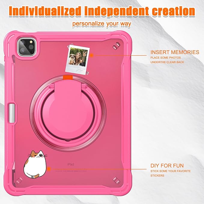 Batianda for iPad Pro 11 inch Case 2025 M5 2024 M4 Chip Lightweight Dual-Layer Protective Tablet Cover, Durable Shock-Absorbing Corners with 360° Rotating Kickstand Ring Built-in Pen Slot, Pink
