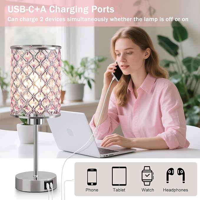 GyroVu Pink Crystal Table Lamp, Touch Control Bedside Lamps with USB-C+A Charging Ports, Dimmable Nightstand Small Desk Lamp Set of 2 for Girl Bedroom, Living Room, Office(Buld Included)