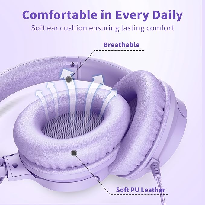 Botesty Sound Headphones Wired with Microphone, Over Ear Foldable 3.5mm Plug in Headphones with 4.9ft Tangle-Free Nylon Cord for Tablet, Laptop, MP3/4, School, Airplane Travel (Purple)
