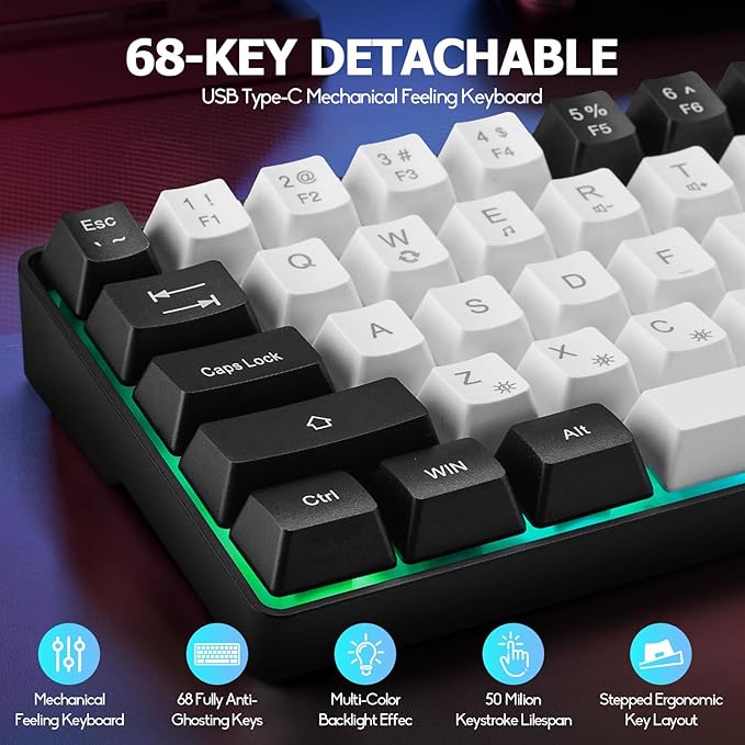 Wired 60% Gaming Keyboard and Mouse Combo, Ultra-Compact 61 Keys RGB Backlit Mini Keyboard, Lightweight 3200 DPI Optical, Wired Gaming Set for Windows,PC, MAC PS5 Xbox Gamer(White-Black)