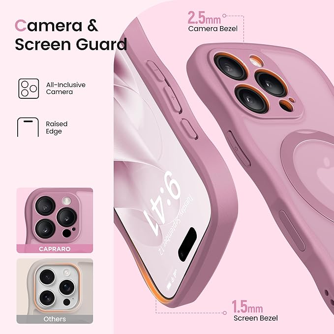 CAPRARO for iPhone 16 Pro Max Case with 360° Spin Magnetic Stand for Women, [Compatible with MagSafe] [Full Camera Protection] Cute Wave Translucent Matte Case for iPhone 16 Pro Max, Black Currant