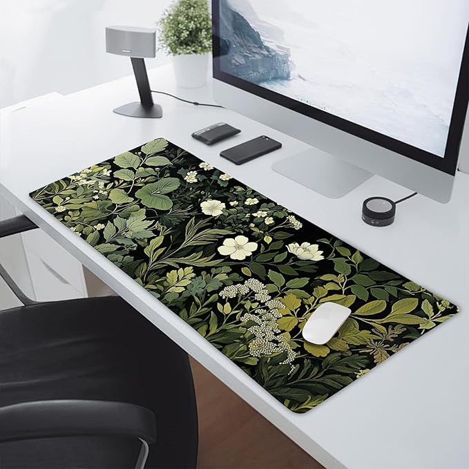 Green Leaves Mouse Pad XXL Botanical Plants Beige Floral Extended Table Mat 90X40 cm Non-Slip Rubber Base Stitched Edge Large Mousepad for Gaming Laptop Computer Desk Top 35.4×15.7 Inch