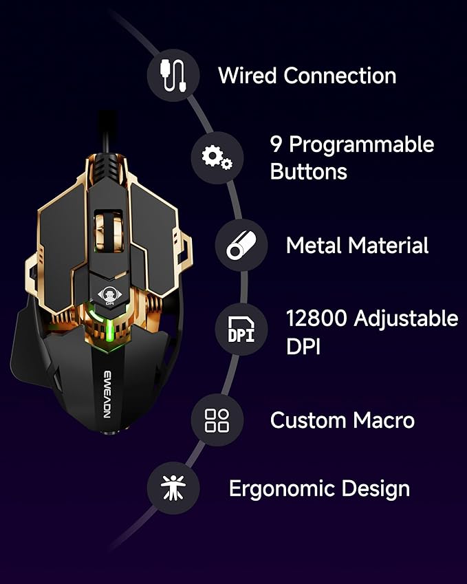 SEUNKWANG EWEADN G5 Wired Gaming Mouse, Ergonomic RGB Computer Mouse, 12800 Adjustable DPI, 9 Programmable Macro Buttons with Rapid Fire Key Compatible for PC/Laptop/Windows- Black&Gold