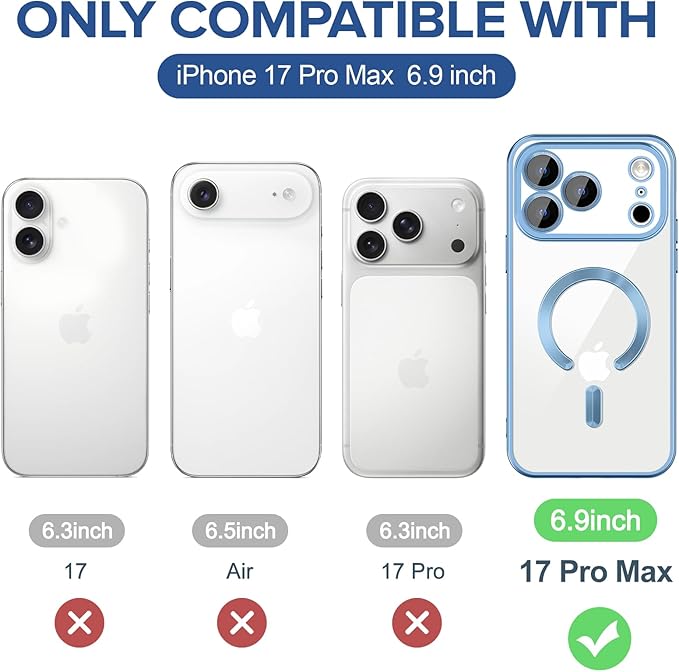 Hython Magnetic Clear for iPhone 17 Pro Max Case with Camera Lens Protector [Compatible with MagSafe] Plating Edge Slim Soft TPU Cover Protective Phone Case for 17 Pro Max 6.9", Matte Light Blue