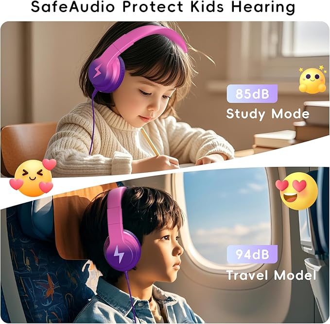 Candy Bila Kids Headphones, Wired Headphones for Kids Over Ear with Microphone, 85/94dB Volume Limiter Headphone for Girls Boys, Foldable Headphone for Learning, Deep Purple and Pink