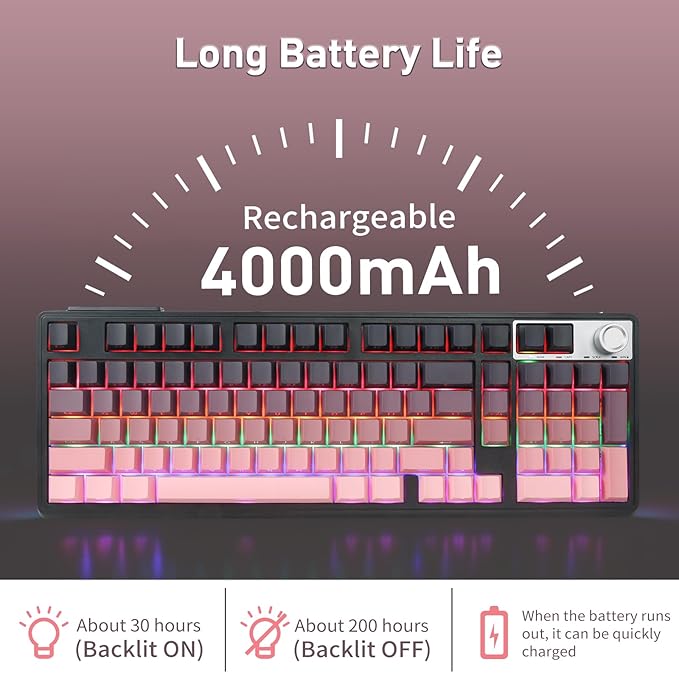 HUO JI Wireless Mechanical Gaming Keyboard with Knob, Bluetooth 5.0/2.4GHz/USB-C Wired, Hot Swappable Red Switches, Anti-Ghosting, Led Backlit, 96% Computer Keyboard for PC Gamer, Pink