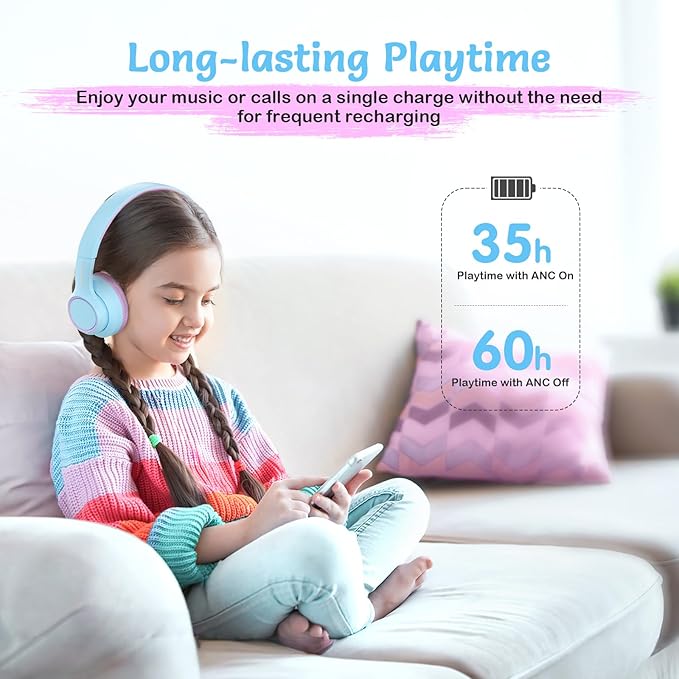 TONOSHARK Kids Bluetooth Headphones with Active Noise Cancelling, Wireless Over-Ear Headphones for Boys Girls, Foldable, Adjustable, 40H Playtime, Mic for School Travel (Purple Blue)