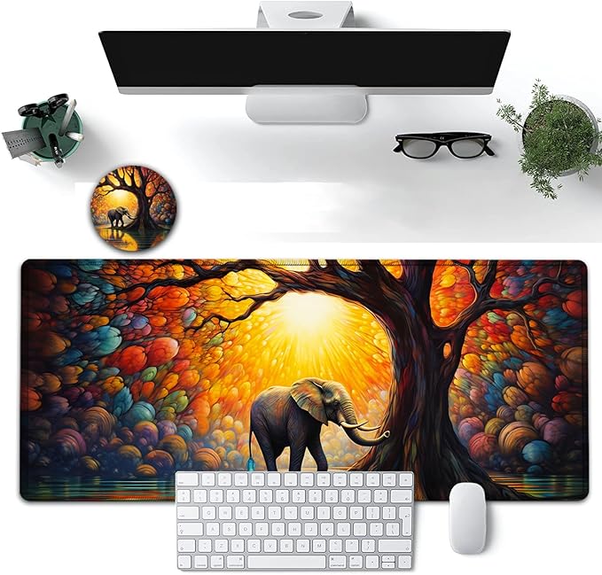 Large Mouse Pad, 31.5 x 11.8in Extended Gaming Mouse Pad with Stitched Edges,XXL Mousepad Protector Non Slip Rubber Base for Office Home Writing Mat, Colorful Tree of Life + Elephant Pattern Desk Mat