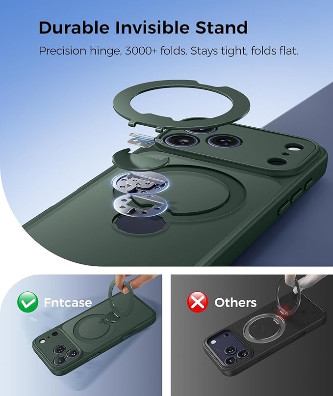 FNTCASE for iPhone 17 Pro-Max Case: [360 Spin Magnetic Stand] [Compatible with Magsafe] [Screen Protector] Translucent Matte Military Grade Shockproof Full Camera Protective Phone Cover - Green
