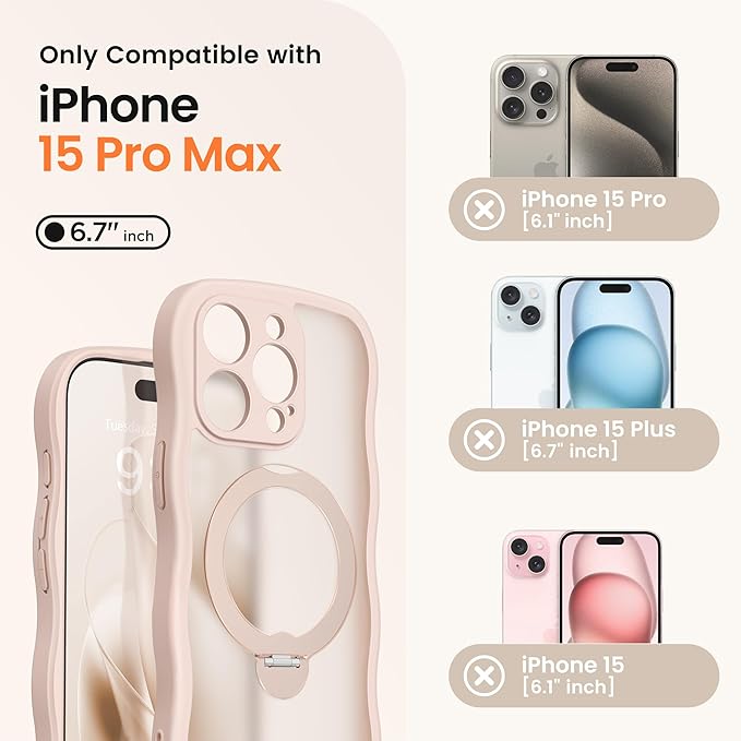 CAPRARO for iPhone 15 Pro Max Case with 360° Spin Magnetic Stand for Women, [Compatible with MagSafe] [Full Camera Protection] Cute Wave Translucent Matte Case for iPhone 15 Pro Max, Rose Gold