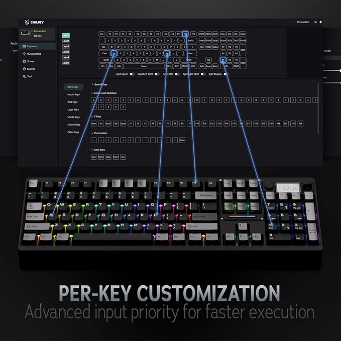 OOCTPK Wireless Mechanical Keyboard, Chilkey ND104 Gaming Keyboard with LCD Screen, 104% Hot Swappable Custom Keyboard with Knob, RGB Backlit, Bluetooth 5.4/2.4GHz/USB-C, Full-Aluminum, PC/Mac Support