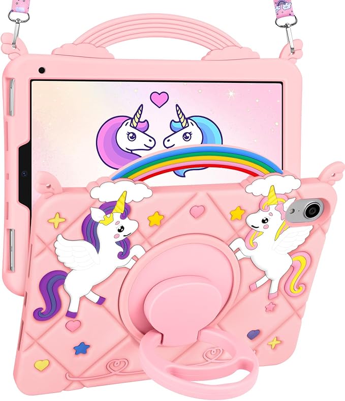 Uppuppy for iPad Mini 7 A17 Pro 2024/Mini 6 2021 Case 8.3 Inch - Cute Girls Kawaii Girly 3D Cartoon Teen Case with Rotating Stand & Strap Soft Silicone PK Unicorn Cover for iPad Mini 7th/6th Gen Funda