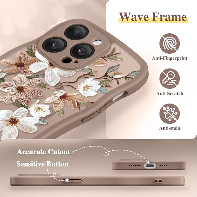 GVIEWIN for iPhone 14 Pro Case Compatible with MagSafe [Curly Wave Edge][Full Camera Protection] Floral Translucent Shockproof Magnetic Women Phone Case for 14 Pro, Dogwood/Brown