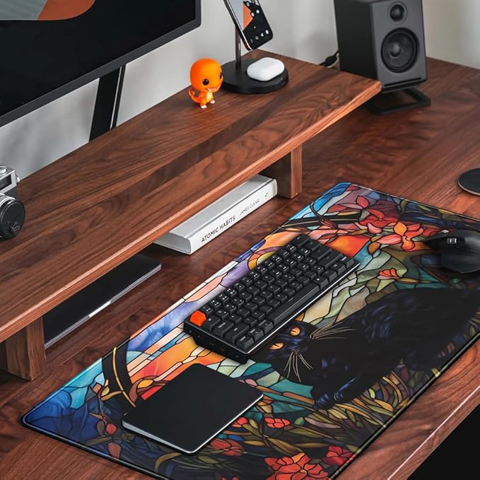 Mechanical Cattle Black Cat Desk Mat Vintage Sunset XXL Large Mouse Pad Laptop Desk Mousepad with Stitched Edges, Keyboard Pad Mouse Mat for Work Game Office Desk Accessories 31.5x15.7 in