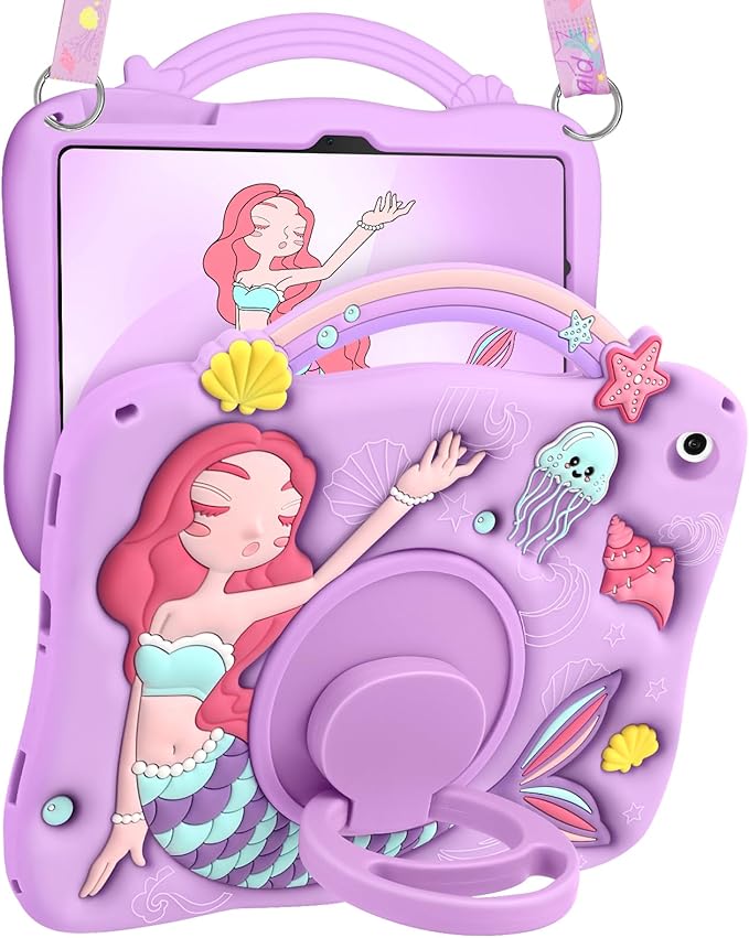 Boaretiu for Galaxy Tab A9 Plus Case - Cute Cartoon Mermaids Soft 3D Silicone for Samsung A9 Plus Tablet Case with Strap & Rotating Stand Girls Teens Tab A9+ 11 Inch Tablet Cover