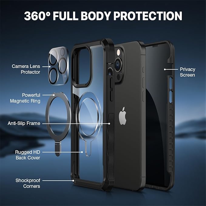 CENHUFO Privacy for iPhone 15 Pro Case, Full Body Phone Case [Compatible with Magsafe] Built-in 9H Tempered Glass Privacy Screen Protector and Magnetic Ring Stand, Clear Camera Lens Cover - Black