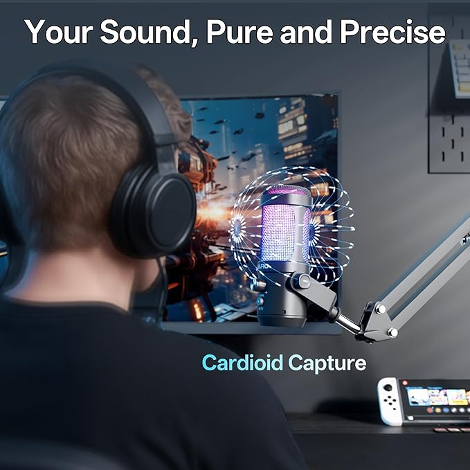 JARO USB Podcast Microphone with Boom Arm, Studio Condenser Mic with Real-Time Monitoring, Mute, Volume Control Ideal for Voice & Singing (Black)