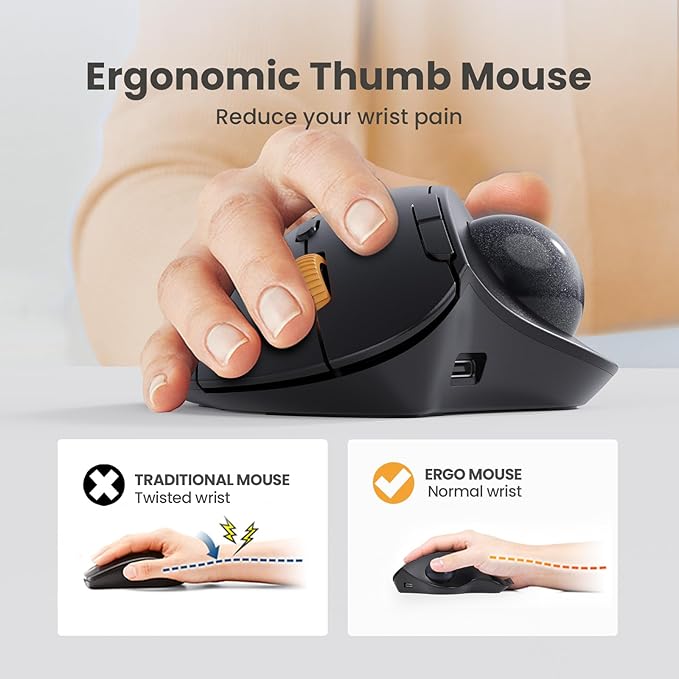 ProtoArc Wireless Trackball Mouse, EM04 Ergonomic Bluetooth Rollerball Rechargeable Computer Laptop Thumb Control Mouse, Compatible with PC, iPad, Mac, Windows-Gray Ball