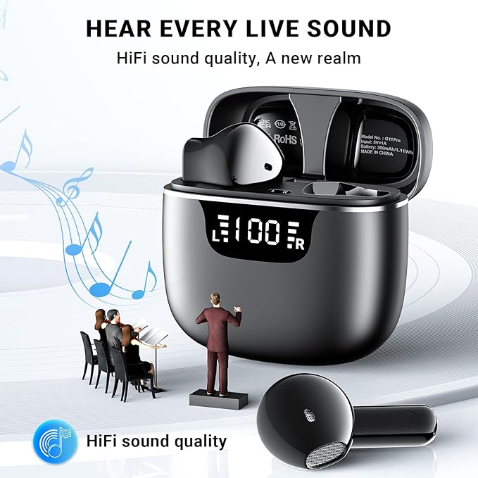 Wireless Earbuds, Bluetooth 5.4 Headphones with 42H Ultralight Ear Buds, Bluetooth Earbuds with 4 ENC Noise Cancelling Mics, HiFi Deep Bass Dual LED Display USB-C, IPX6 Waterproof Earphones Black