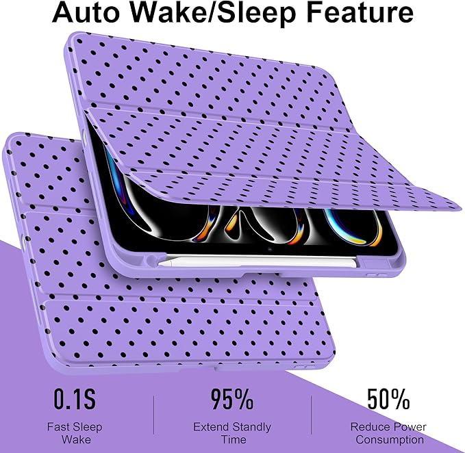 Case for iPad Pro 11 Inch (M5 2025 M4 2024) – [Built-in Pencil Holder], Shockproof & Stylish, Clear Hard Back + Soft TPU Edge, Magnetic Trifold Stand, Auto Wake/Sleep, Purple Polka dot