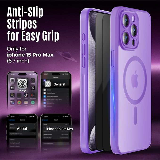 Symcele Designed for iPhone 15 Pro Max Case, Compatible with MagSafe, with Privacy Screen Protectors X2, [Camera Protection] [15FT Military Drop Protection] Shockproof Phone Case, 6.7", Light Purple