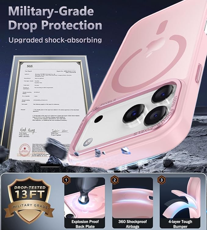 Newfuture Magnetic for iPhone 17 Pro Max Case [Compatible with Magsafe] [Military Grade Drop Protection] Translucent Matte Anti-Scratch Shockproof Protective Phone Cover 6.9 Inch, Tender Pink