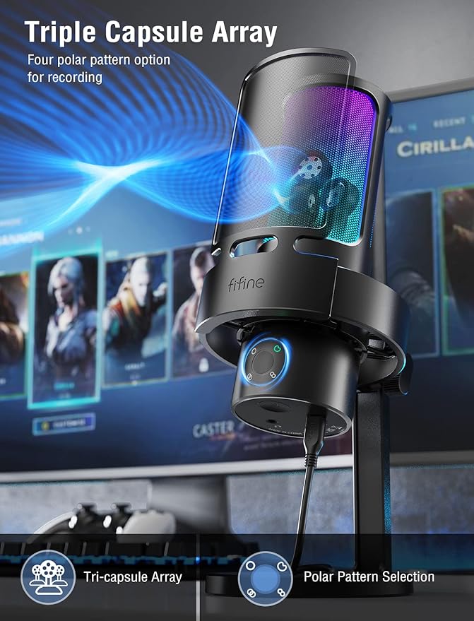 FIFINE Gaming USB Microphone, PC Computer Mic with 4 Polar Patterns for Podcast Streaming Recording YouTube, RGB Condenser Desktop Mic for Windows, Mac, with Headphone Jack-AmpliGame A8 Plus